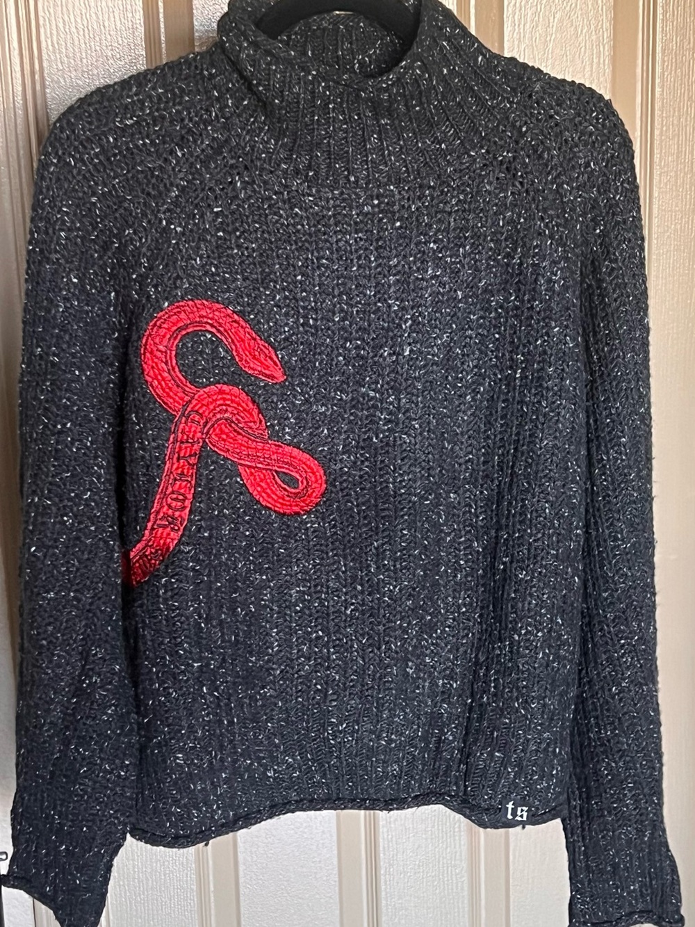 Taylor Swift Black Knit Turtleneck Sweater with Red Snake Patch